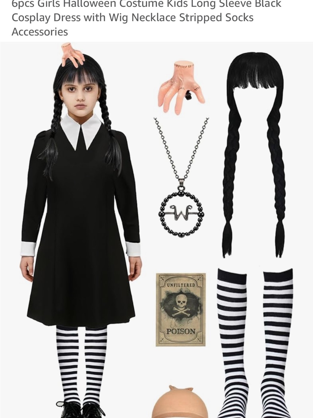 Girl's Wednesday Addams-Style Costume Dress with Wig & Accessories